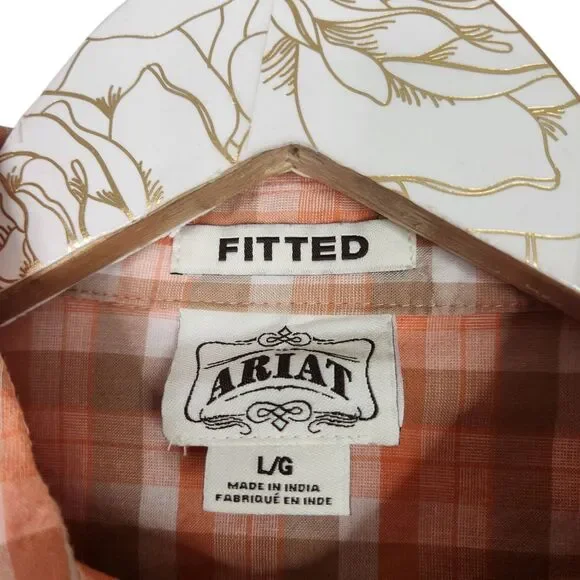 ARIAT Top Womens Large Orange Plaid Pearl Snap Western Shirt Beaded Bling Fitted - Picture 6 of 8